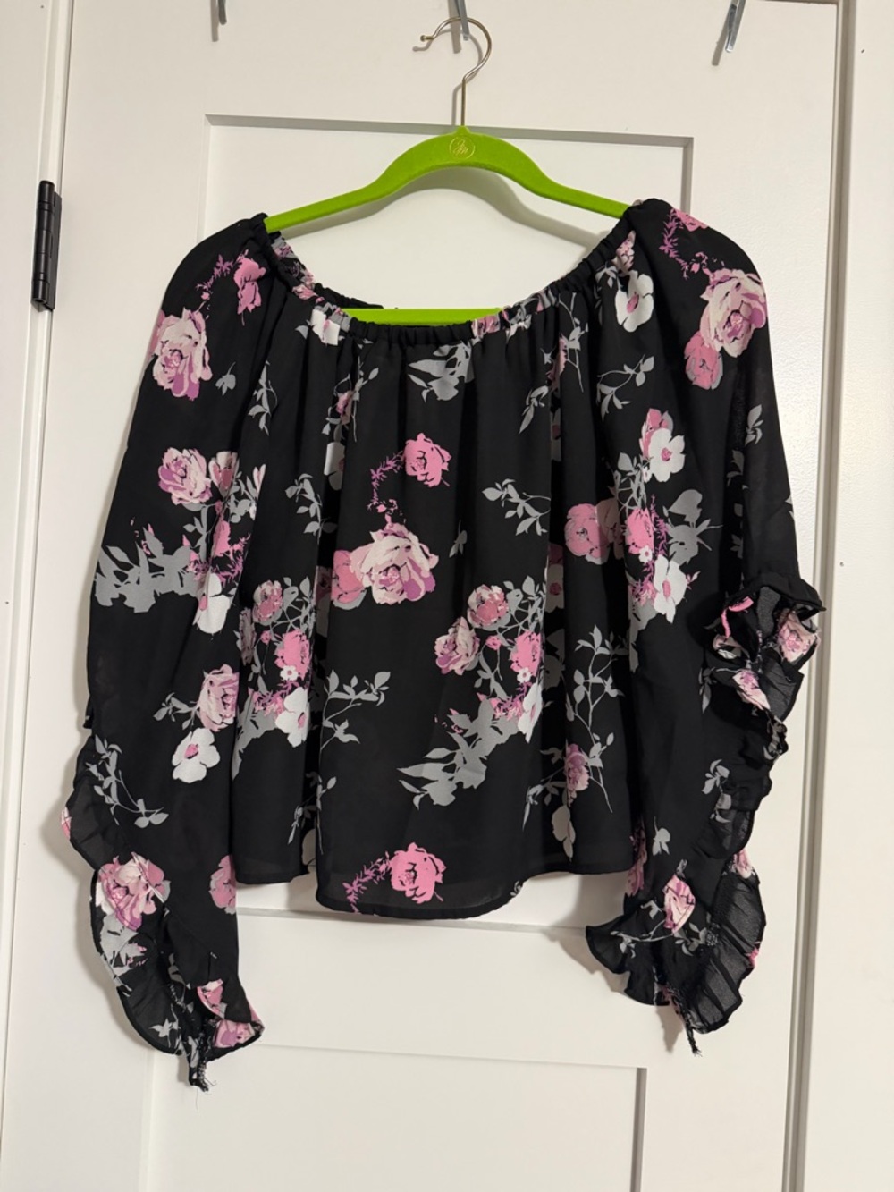 Charlotte Russe Black Off-Shoulder Blouse with Pink Floral Print